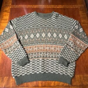 Vintage Green Textured Knit Sweater Gray XL